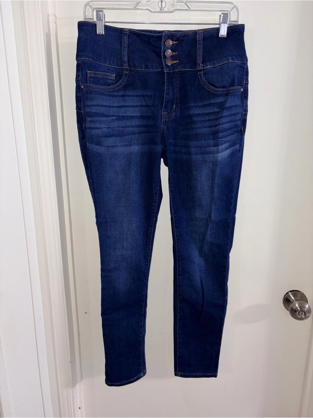 High-Rise Dark Blue Jeggings with Triple-Button Waist - Women